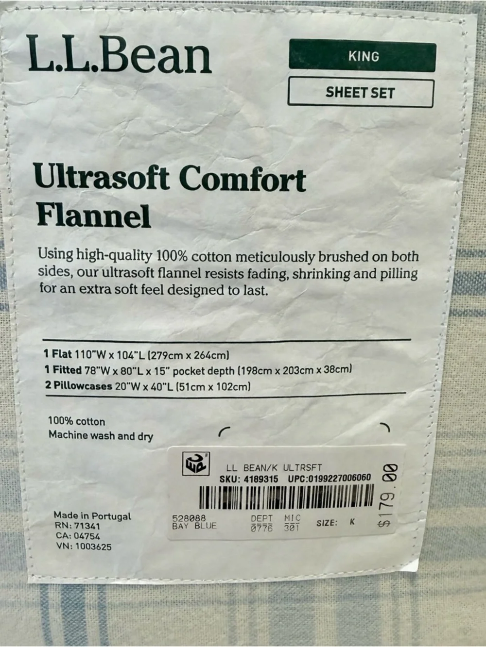 L.L. Bean King Ultrasoft Comfort Portuguese Flannel Sheet Set Bay Blue Check NWT